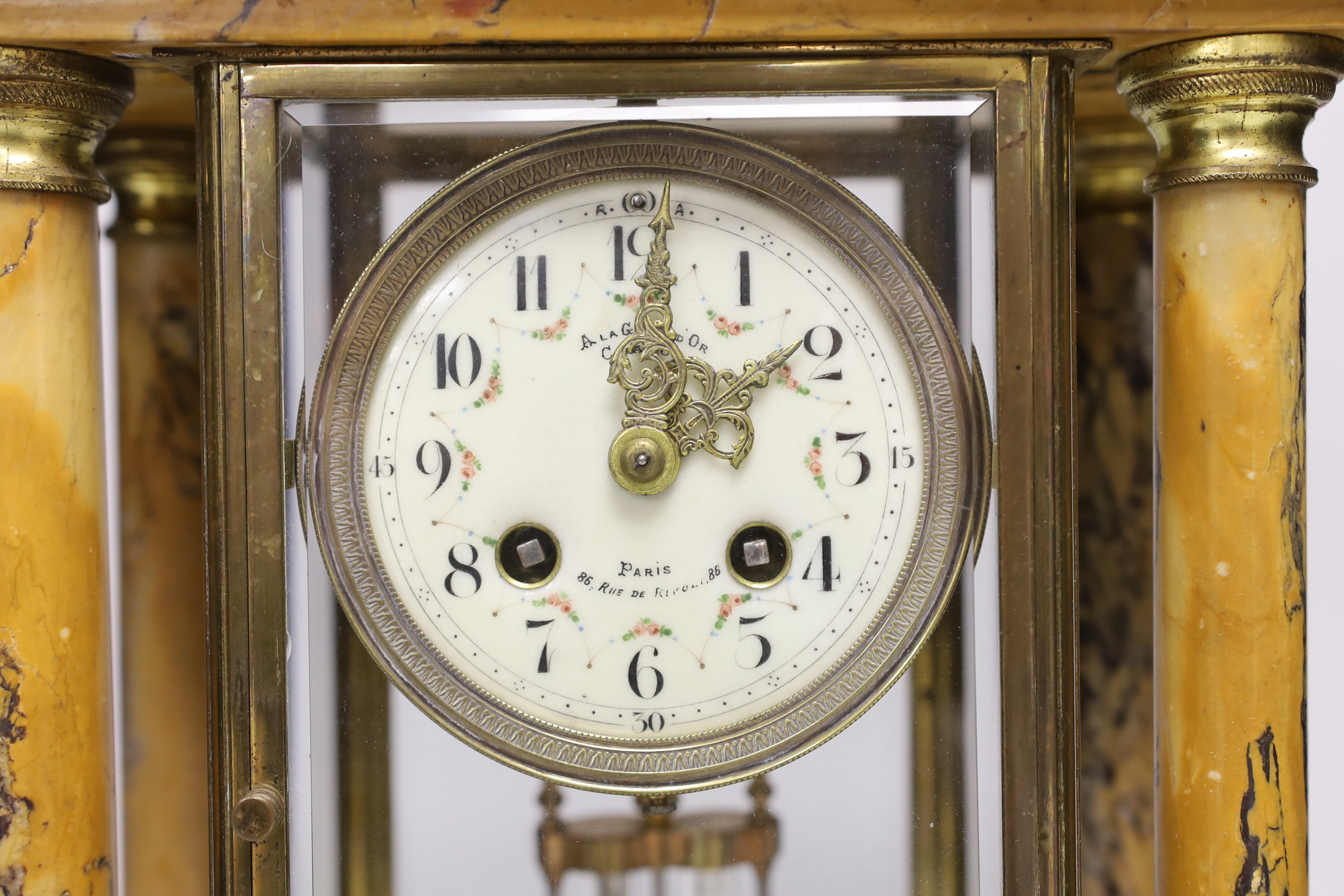 A French Sienna marble four glass portico clock, 36cm